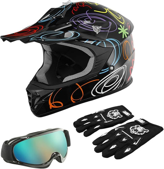 TCT-MOTORPARTS DOT Youth Kids Motocross ATV Helmets Offroad Street Dirt Bike Go-Kart BMX MX Full Face Helmet Black w/Graffiti X-Large Size