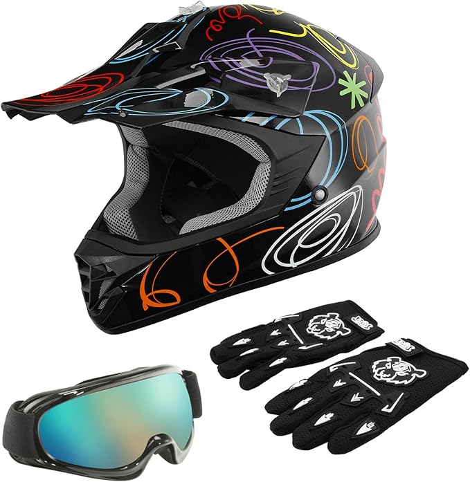 TCT-MOTORPARTS DOT Youth Kids Motocross ATV Helmets Offroad Street Dirt Bike Go-Kart BMX MX Full Face Helmet Black w/Graffiti Large Size