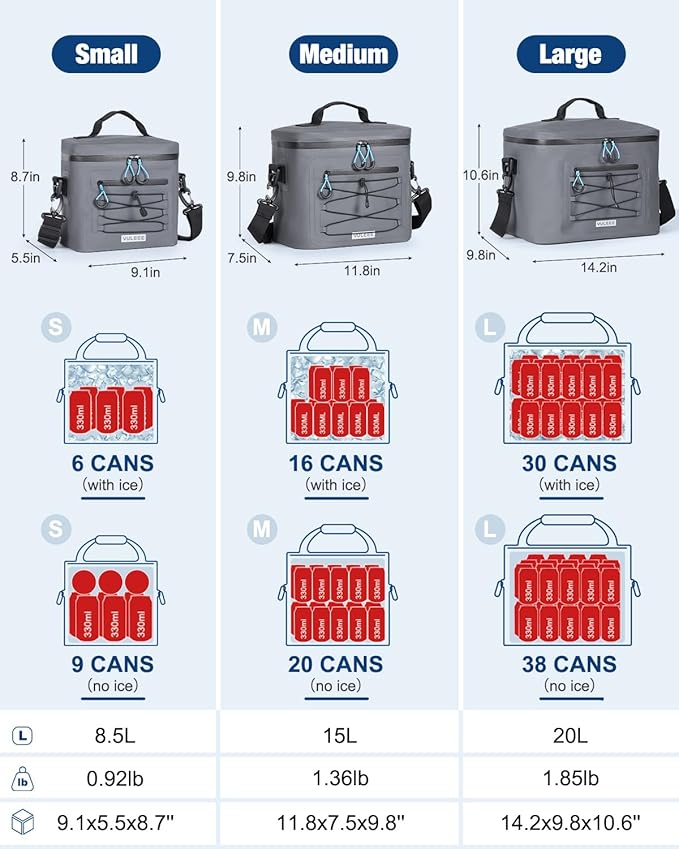 Cooler Bag, 8/16/30 Can Soft Sided Small Portable Insulated Cooling Pack, Everyday Lunch Cooler, Leakproof Ice Chest for Beach, Camping, Travel, Picnic