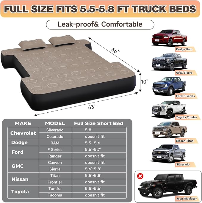 Umbrauto Built-in Pump Air Mattress for 5.5-5.8ft Full Size Short Truck Bed, Inflatable Camping Airbed with Rechargeable Cordless Pump for Truck Tent Camper