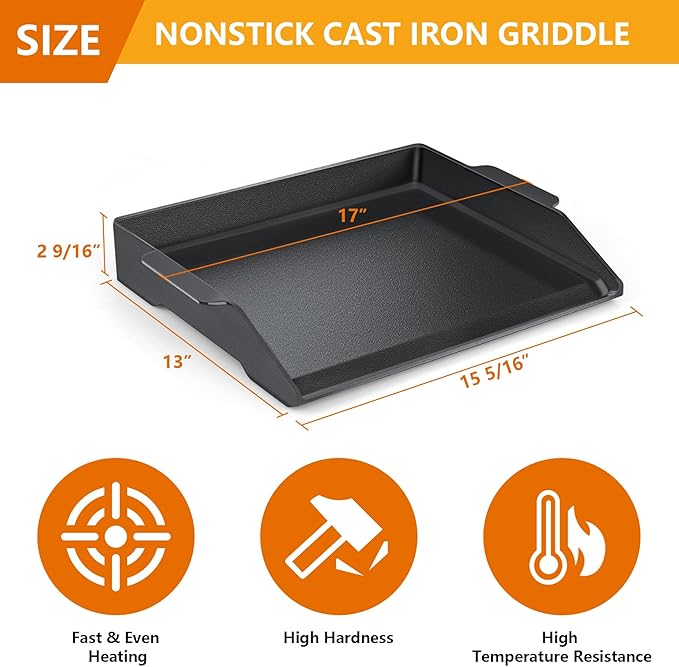 Universal Cast Iron Griddle 17" X 13",Stove Top Griddle for Gas Grills,Fire Pits,And Ovens,Nonstick Coating Teppanyaki Griddle Pan for Stove Top With Extra High Sidewalls for Outdoor Cooking