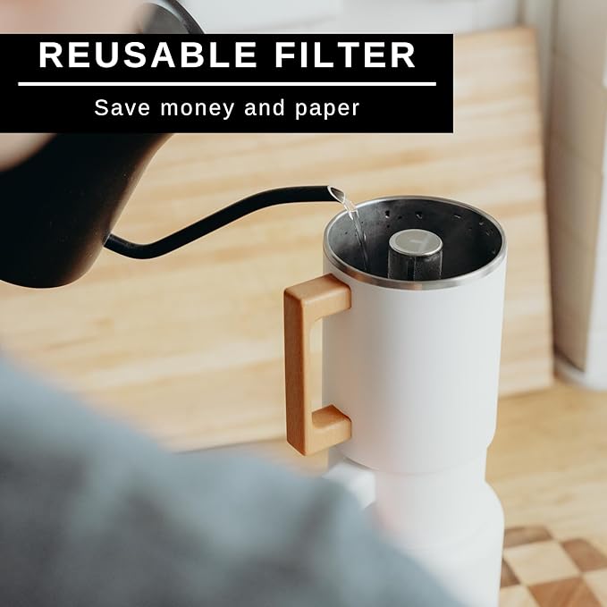 HASTINGS Pour Over Coffee Dripper - Stainless Steel Pour Over Coffee Filter, Metal Paperless Reusable Double Mesh Cone Filter with Wood Handle - Coffee Maker for Single Cup Brew up to 68 OZ (White)