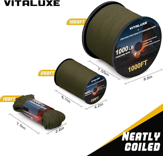 1000lb Paracord Rope, 4mm 12 Triple Strands Paracord, Heavy Duty Tactical Parachute Cord for Survival Gear, Camping, Hiking, and Ideal for Bracelets, Lanyards, Type III