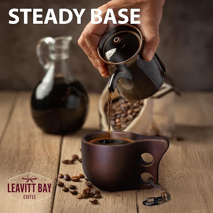 Handcrafted Dark Brown Kuksa Wooden Cup - Sturdy Nordic Mug w/Leather Lanyard, Carabiner for Easy Carry - Light-Weight & Easy Grip Kuksa Wooden Cups for Drinking Coffee, Tea - Unique Coffee Gifts