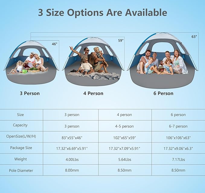 NXONE Beach Tent Sun Shade Shelter for 4 Person with UV Protection, Extended Floor, 3 Mesh Roll Up Windows & 8.5mm Fiberglass Rods丨Carry Bag Included (Blue White)