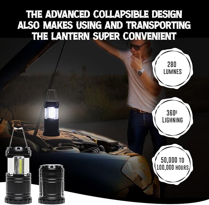 Battery Powered Camping Lantern ( 2 Pack )- Portable COB Hanging Lamp Lights | Waterproof Collapsible Lantern Flashlight for Tent Lights, Power Outages, Hurricane Emergency, Hiking