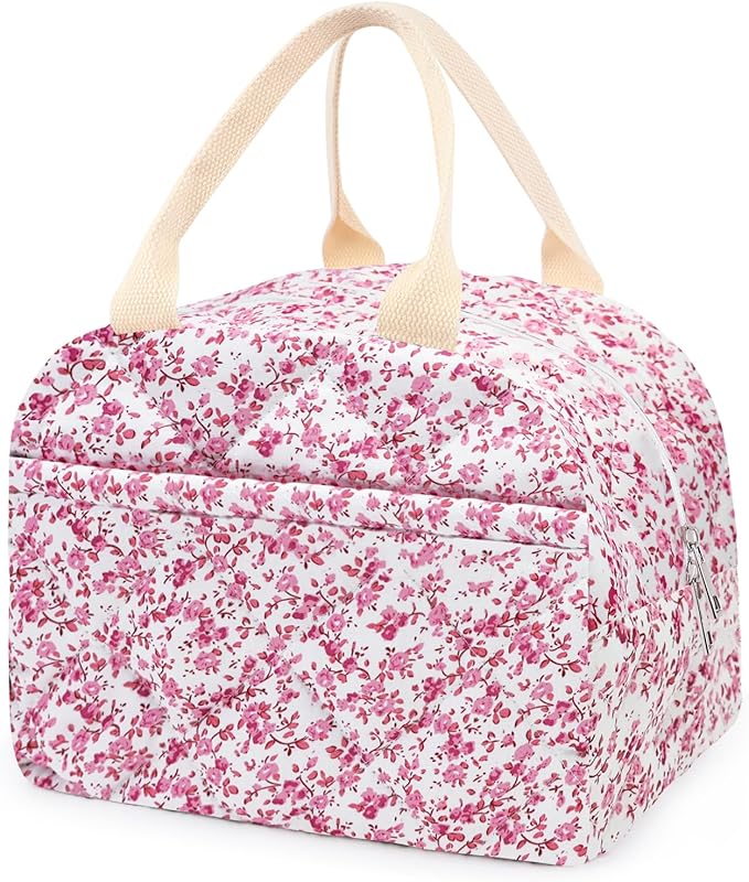 Cotton Quilted Insulated Lunch Bag, Cute Quilted Floral Lunch Tote Bags Reusable Insulated Lunch Box Coquette Aesthetic Large Capacity Insulated Cooler for Women Men Work Travel Picnic (Red)