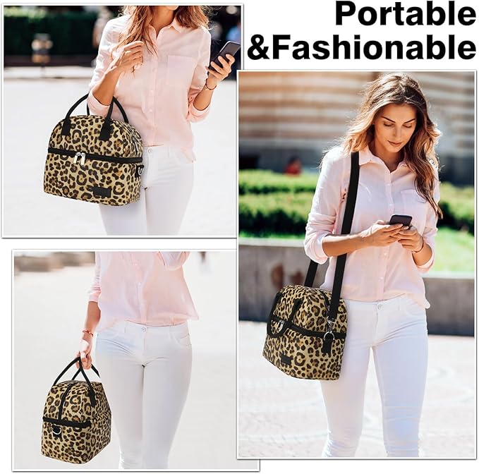 BALORAY Lunch Bag for Women Men, Double Deck Lunch Box for Adults, PU Leather Lunch Tote Bag Insulated Lunch Bags with Strap for Work Office Picnic