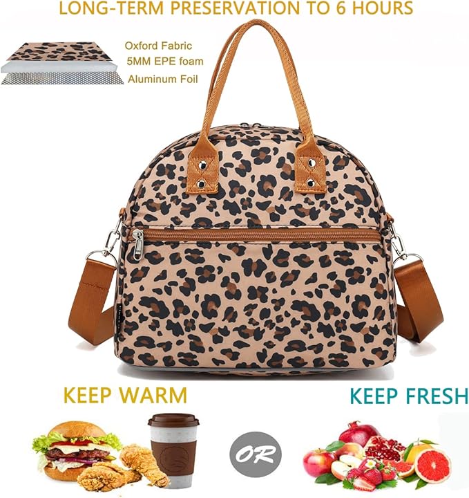 FlowFly Insulated Lunch Bag With Shoulder Strap for Women, Men, and Kids, Large and Reusable, Handle, Freezable Work and School Travel Tote and Meal Prep Organizer,Leapard