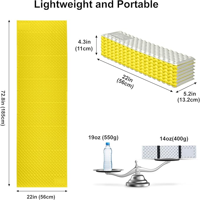 YIKI Closed Cell Foam Sleeping Pad for Camping, 72.8x22 inch, Ultralight Foldable Foam Sleeping Mat with Heat Reflective Layer, Waterproof Backpacking Pad for Hiking, Tent, Outdoor Use