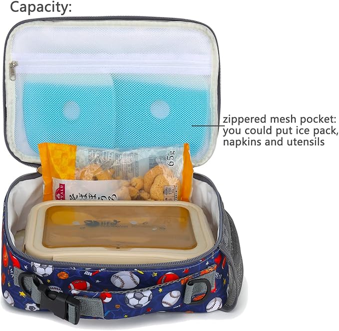 FlowFly Kids Lunch Bag, Durable Insulated School Lunch Box with Shoulder Strap and Bottle Holder, Water-resistant Thermal Small Lunch Cooler Tote for Teen Boys & Girls,Rugby