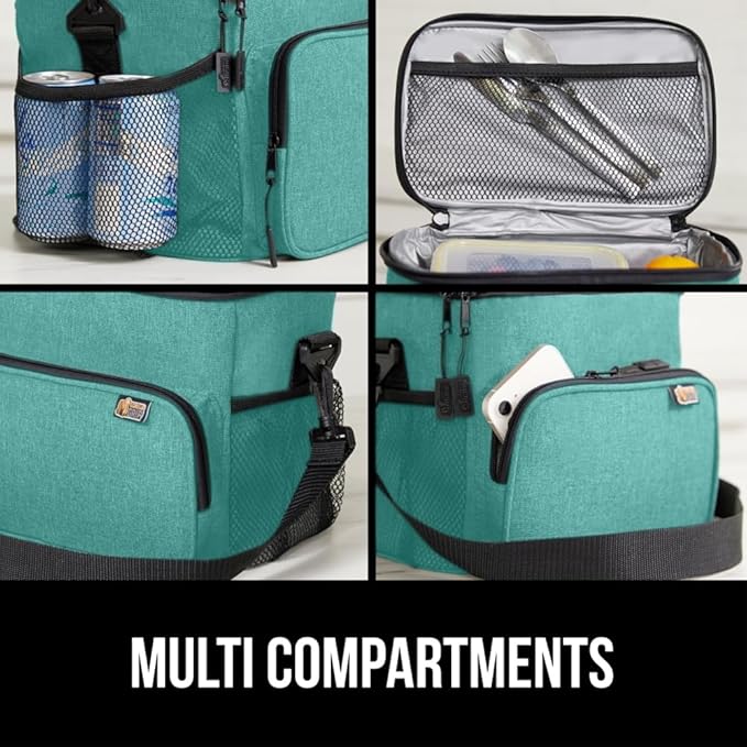 GORILLA GRIP Reusable Insulated Lunch Box Bag for Women Men, Large Leakproof Soft Cooler Bags, Multiple Compartments, Mesh Pockets, Adjustable Strap, Food Tote Keeps Drinks Cold, 8L, 10x9, Turquoise