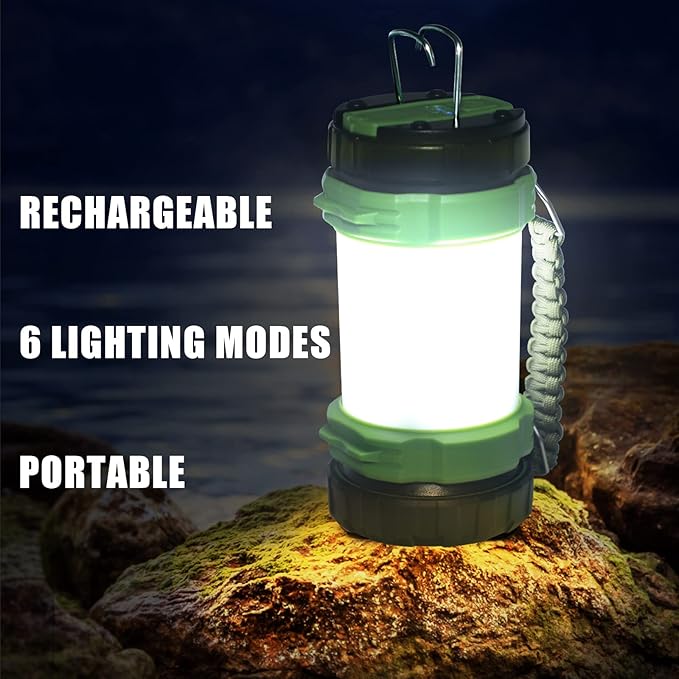 Camping Lantern Rechargeable LED Flashlight,6 Modes Torch,IPX4 Waterproof,Portable Light with Two-Way Hook and USB Cable for Camping, Hiking, Hurricane,Emergency,Outage