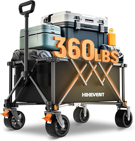 Collapsible Wagon Cart, 360Lbs Heavy Duty Foldable Beach Wagon with Wider Wheels, Utility Grocery Shopping Cart for Garden, Camping, Sports, Black