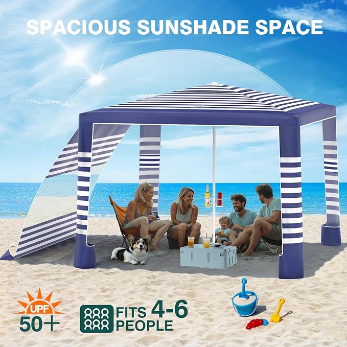 Rhino Valley Beach Cabana, 8 × 8FT Foldable Beach Tent with Cup Holder, Beach Canopy Easy Setup with UPF50+ Protection, Windproof Stable Beach Tent, Portable Beach Cabana Tent for Beach Camping
