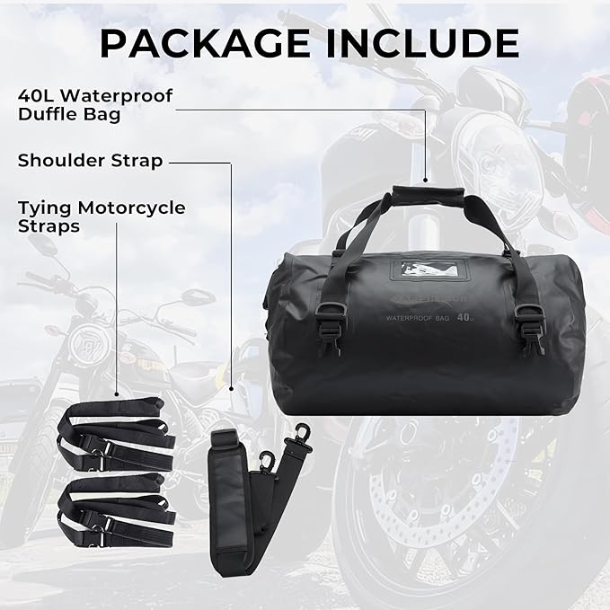 40L Waterproof Motorcycle Duffel Bag - Motorcycle Luggage Tail Bag with Straps for Back Seat - Roll Top Dry Bag for Kayaking, Rafting, Boating, Camping, Travel, Beach (Black)