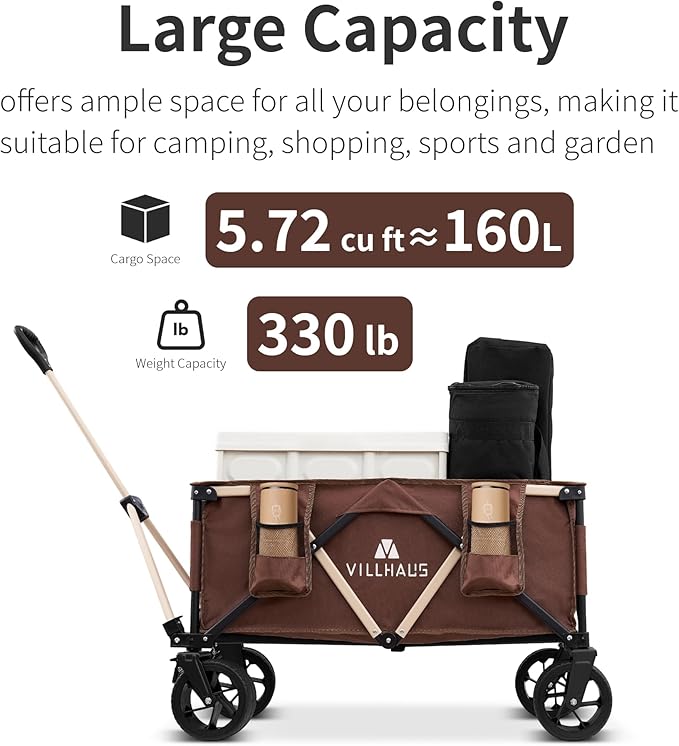 VILLHAUS Collapsible Folding Wagon Cart, 330 lbs, 5.7 cu.ft Capacity Outdoor Utility with 6.8" Removable Wheels