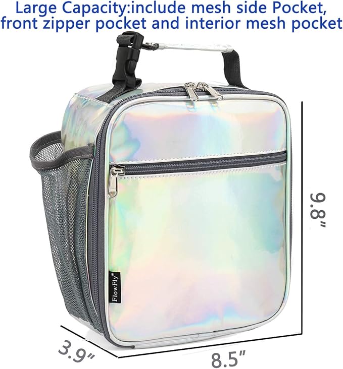 FlowFly Kids Lunch box Insulated Soft Bag Mini Cooler Back to School Thermal Meal Tote Kit for Girls, Boys(Holographic)