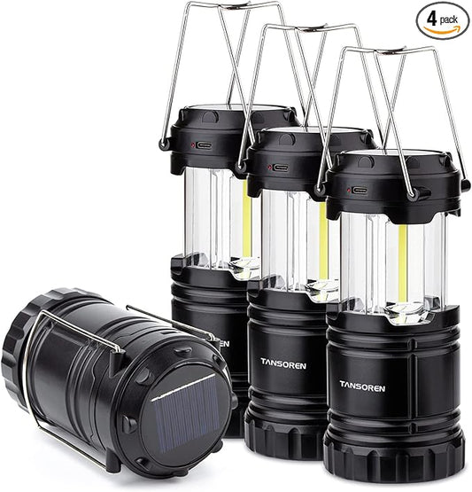 4 Pack Solar Lantern Camping Essentials Lights, LED USB Rechargeable Flashlight for Power Outages, Battery Powered Magnetic Base Operated Lamp for Emergency, Survival Gear and Supplies for Hurricane