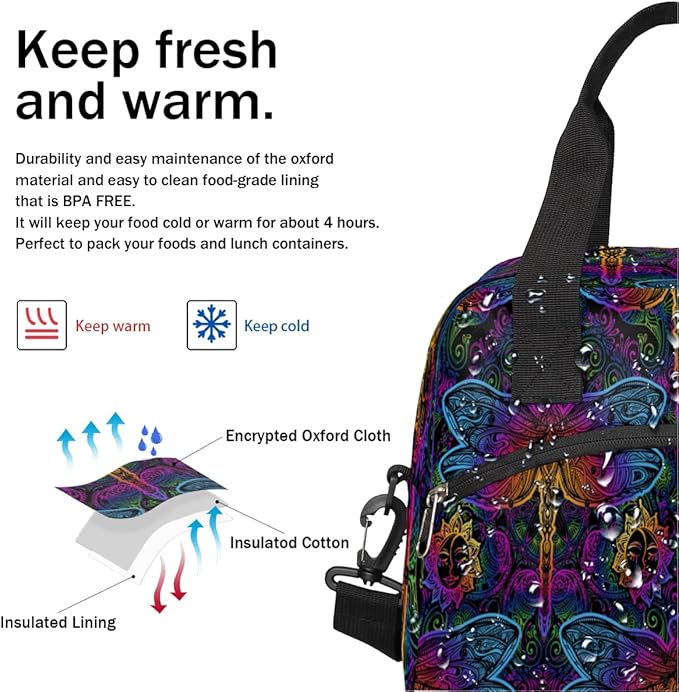 Bohemian Colorful Insulated Lunch Bags for Women Men Ethnic Dragonfly Reusable Lunch Box Shoulder Strap Tote Lunch Bag Cooler Thermal Bag for School Work Travel Office Picnic Girls Boy Adult