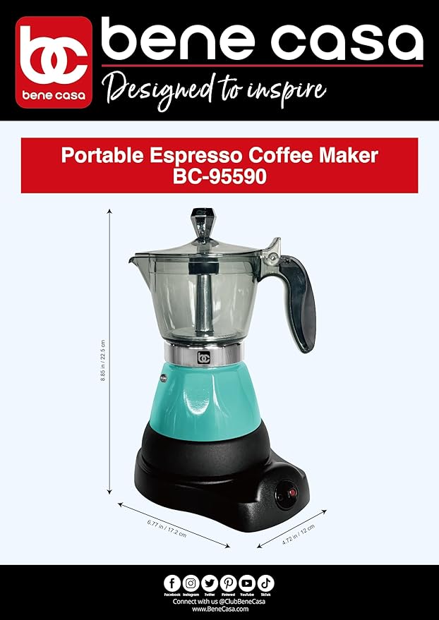 Bene Casa Teal Portable Electric Espresso Maker/Cafetera, 1-3 Cups/Shots (1, TEAL)
