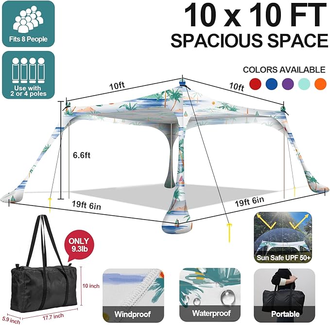 Buheco Beach Tent Pop Up Shade 10x10ft Beach Canopy Sun Shelter UPF50+ with 4 Foldable Poles-Portable Carrying Bag-Sand Shovel-Ground Pegs-Windproof Ropes for Outdoor Family Camping-Fishing- Picnic