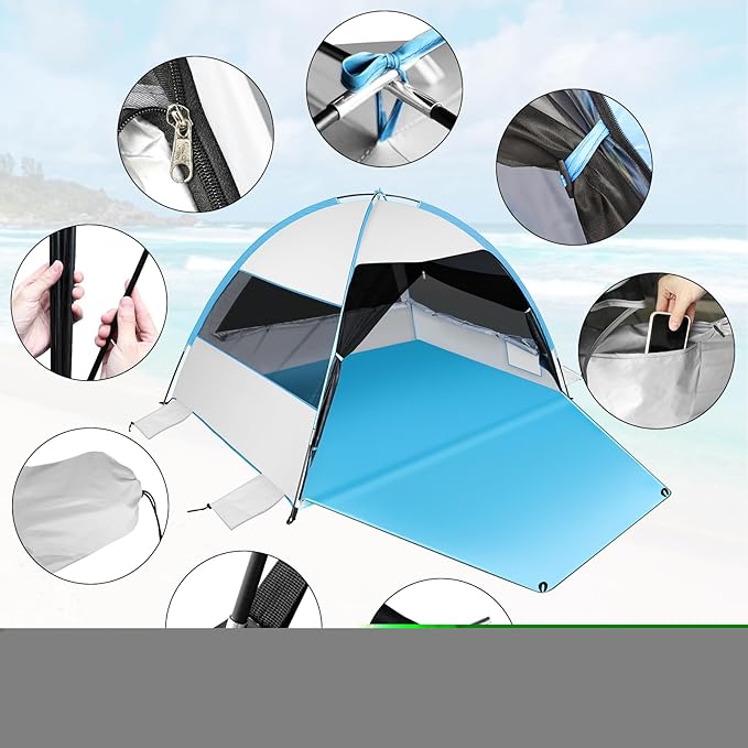 Large Easy Setup Beach Tent,Anti-UV Beach Shade Beach Canopy Tent Sun Shade with Extended Floor & 3 Mesh Roll Up Windows Fits 3-4 Person,Portable Shade Tent for Outdoor Camping Fishing