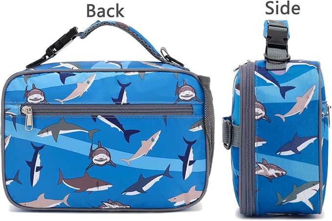 FlowFly Kids Lunch Bag, Durable Insulated School Lunch Box with Shoulder Strap and Bottle Holder, Water-resistant Thermal Small Lunch Cooler Tote for Teen Boys & Girls,Shark