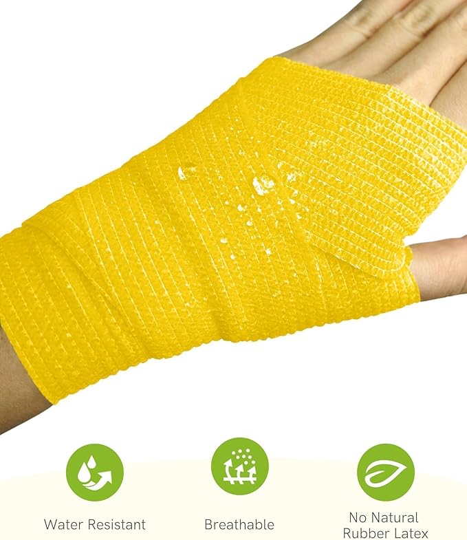 FriCARE Self Adhesive Bandage Wrap, Medical Tape in First Aid Kit, Cohesive Bandages for Wounds Sport Vet, FSA/HSA Eligible, 2 Inches X 5 Yards 6 Rolls, Yellow