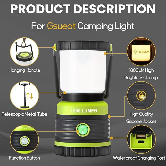 Camping Lantern Rechargeable Telescopic Camping Light,1800LM, 4400mAh IPX5 Waterproof Tent Lights, 4 Light Modes, Portable Flashlight for Power Outages, Emergency, Hurricane, Hiking