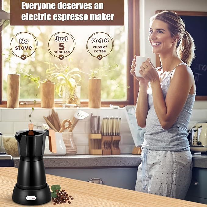 SHANGSKY Coffee Pot Electric Coffe Maker 6 Cup, Espresso Coffee Maker Cafeteras Electricas Italian Coffee Pot Espresso Makers Portable Aluminum Electric Mocha Pots (Wooden Handle,US 3-pin Plug)