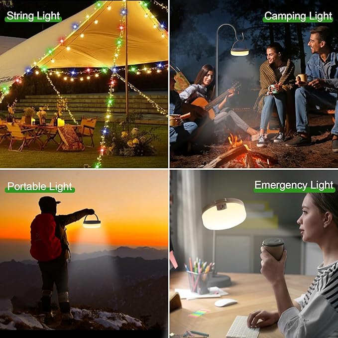 Outdoor waterproof portable stowable string light, 4 in 1 camping string lights outdoor with 8 lighting modes (42ft), solar /USB rechargeable Tent Lights for Camping, Hiking, Yard, RV (Multicolor)