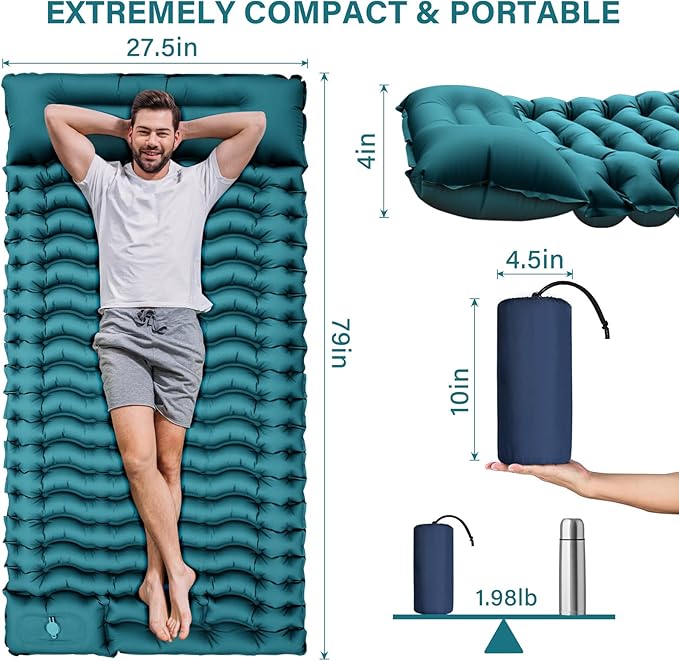 Camping Sleeping Pad, Ultralight Camping Mat with Pillow Built-in Foot Pump Inflatable Sleeping Pads Compact for Camping Backpacking Hiking Traveling - Dark Green.