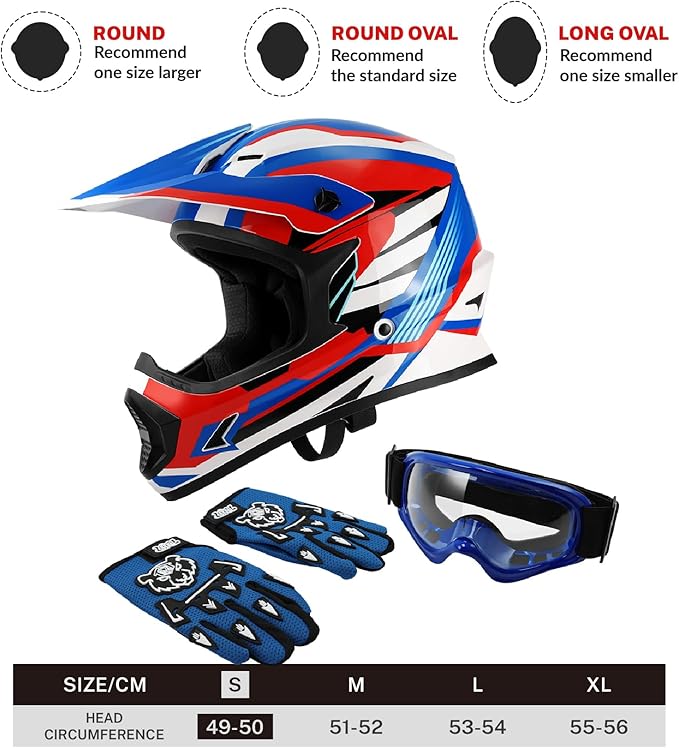 TCT-MOTORPARTS DOT Youth Kids Motocross ATV Full Face Helmets for Offroad Street Dirt Bike Go-Kart BMX MX Blue Small