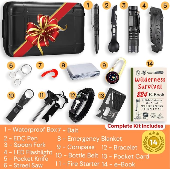 Survival Kit,13 in 1 Survival Gear and Equipment, for Dad, First Aid Kit with Survival Bracelets Emergency Blanket Tactical Flashlight for Camping Adventures
