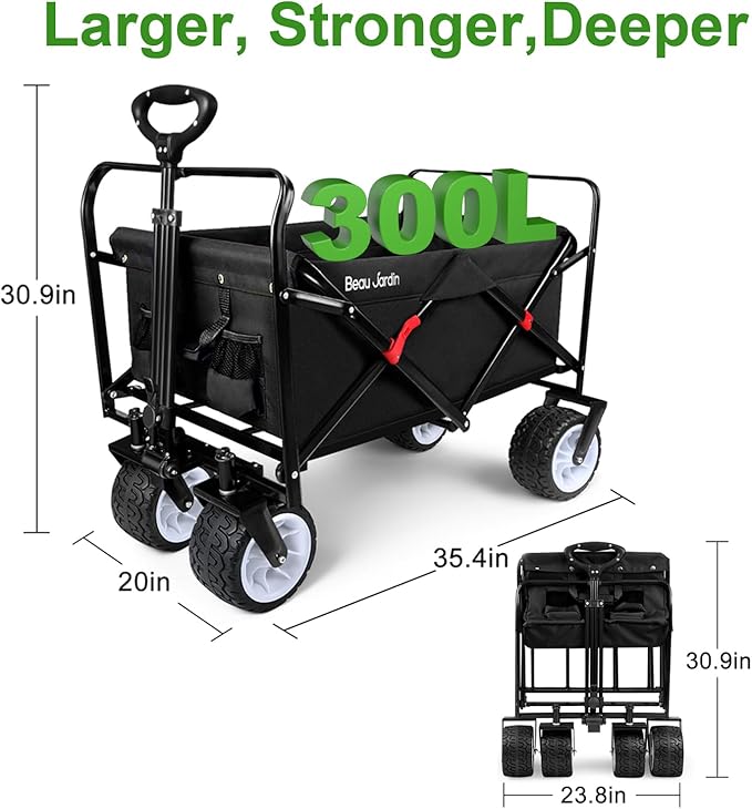 BEAU JARDIN Collapsible Folding Beach Wagon 460lbs Heavy Duty 300L Foldable Utility Garden Grocery Cart with Big All-Terrain Beach Wheels & Drink Holders for Camping Sports Black