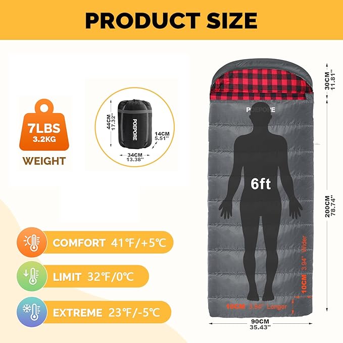 Flannel Sleeping Bag 0 Degree Cold Weather for Adults XXL Sleeping Bag 4 Season Big and Tall with Compression Sack