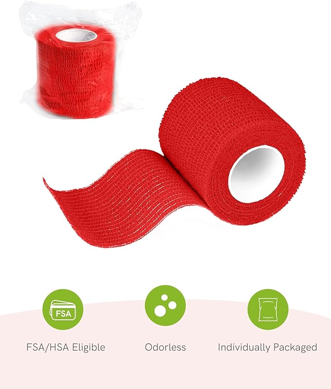 FriCARE Self Adhesive Bandage Wrap, Medical Tape in First Aid Kit, Cohesive Bandages for Wounds Sport Vet, FSA/HSA Eligible, 2 Inches X 5 Yards 6 Rolls, Red