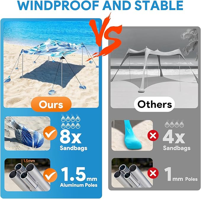 Beach Tent Sun Shelter, 10 x 10 FT Beach Canopy Tent Sun Shade, UPF50+ Beach Tent Canopy with 8 Sandbags & 4 Stability Poles, Outdoor Beach Tent for Beach Camping Fishing, Leaf