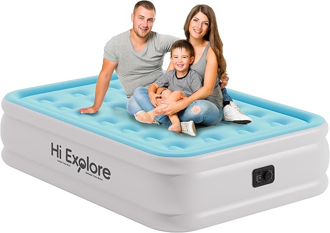 Air Mattress Full with Built in Pump Raised, Comfort Plush Self Inflating Mattress, Inflatable Blow Up Mattress, Portable Airbed for Home, Guests, Camping(Light Blue, 18” Height)