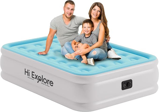 Air Mattress Full with Built in Pump Raised, Comfort Plush Self Inflating Mattress, Inflatable Blow Up Mattress, Portable Airbed for Home, Guests, Camping(Light Blue, 18” Height)