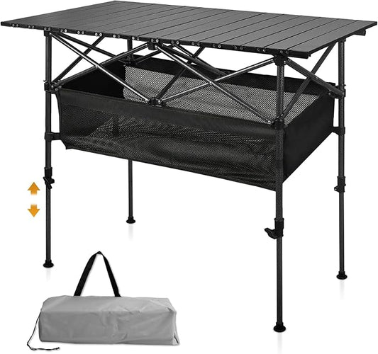 Folding Camping Table, Outdoor Roll-up Table Height Adjustable & Portable Metal Camp Grill Table for Picnic, BBQ, Party, Backyard, Beach, Mesh Storage and Carry Bag (Ash Black, 47.24'' X-Large)