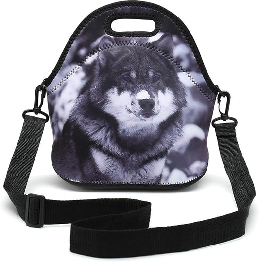 Insulated Neoprene Lunch Bag Removable Shoulder Strap Reusable Thermal Thick Lunch Tote Bags For Women,Teens,Girls,Kids,Baby,Adults-Lunch Boxes For Outdoors,Work,Office,School (Snow Wolf)