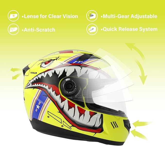 TCT-MOTORPARTS DOT Youth Four Wheeler Helmet Kids Motocross ATV Helmet Full Face Helmets for Offroad Street Dirt Bike Go-Kart BMX MX Snowmobile Skateboard Yellow Shark Mouth Large