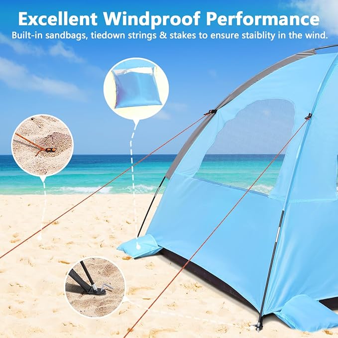 NXONE Beach Tent Sun Shade Shelter for 4 Person with UV Protection, Extended Floor, 3 Mesh Roll Up Windows & 8.5mm Fiberglass Rods丨Carry Bag Included (Dark Shelter-Ocean Blue)