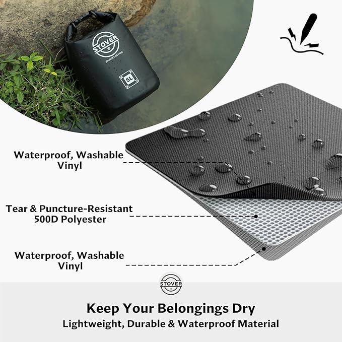 STOVER 5/10/25/30/40/55L Waterproof Dry Bag, Small Lightweight Roll Top Dry Bag Backpack w/Waterproof Phone Case, Kayaking, Travel, Hiking, Fishing, Tubing, Camping, the Beach, Men/Women (Black)