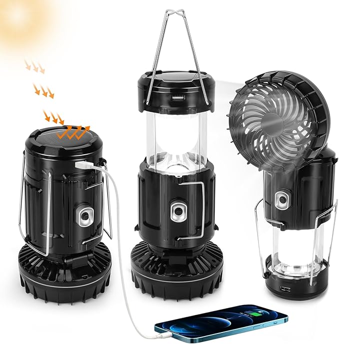 2024 Upgrade Solar Powered Camping Lantern with Fan - Stay Cool and Well-lit During Outdoor Adventures with This Versatile Lantern Featuring a Built-in Fan for Added Comfort.