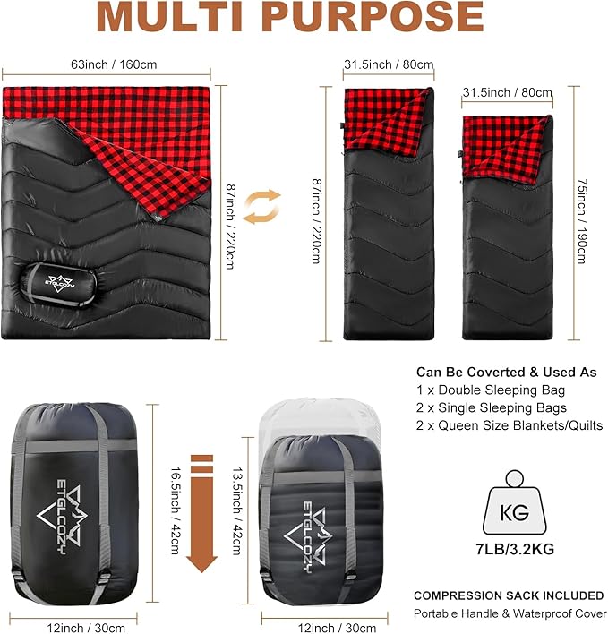 Double Sleeping Bag for Adults Kids Camping, XL Queen Size Sleeping Bags for 2 Person All Season Hiking Backpacking, Lightweight Waterproof with Compression Sack