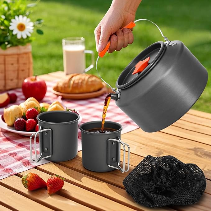 3 Pieces Camping Kettle, 2.5L Portable Camping Water Boiler with Storage Bag and 2 Cups, Coffee Tea Pot Set for Open Fire, Outdoor Activity, Stove, Hiking, Backpacking