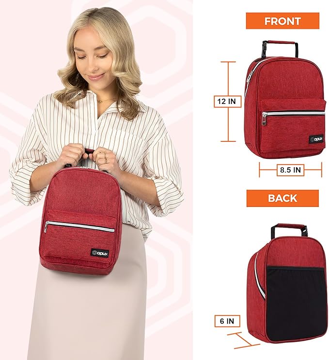 opux Lunch Box for Girls Boys Kids, Insulated Leakproof Lunch Bag, Reusable Teen Lunch Boxes for School, Medium Large lunchbox for Women Men Adult for Work with Front Back Pocket (Red)